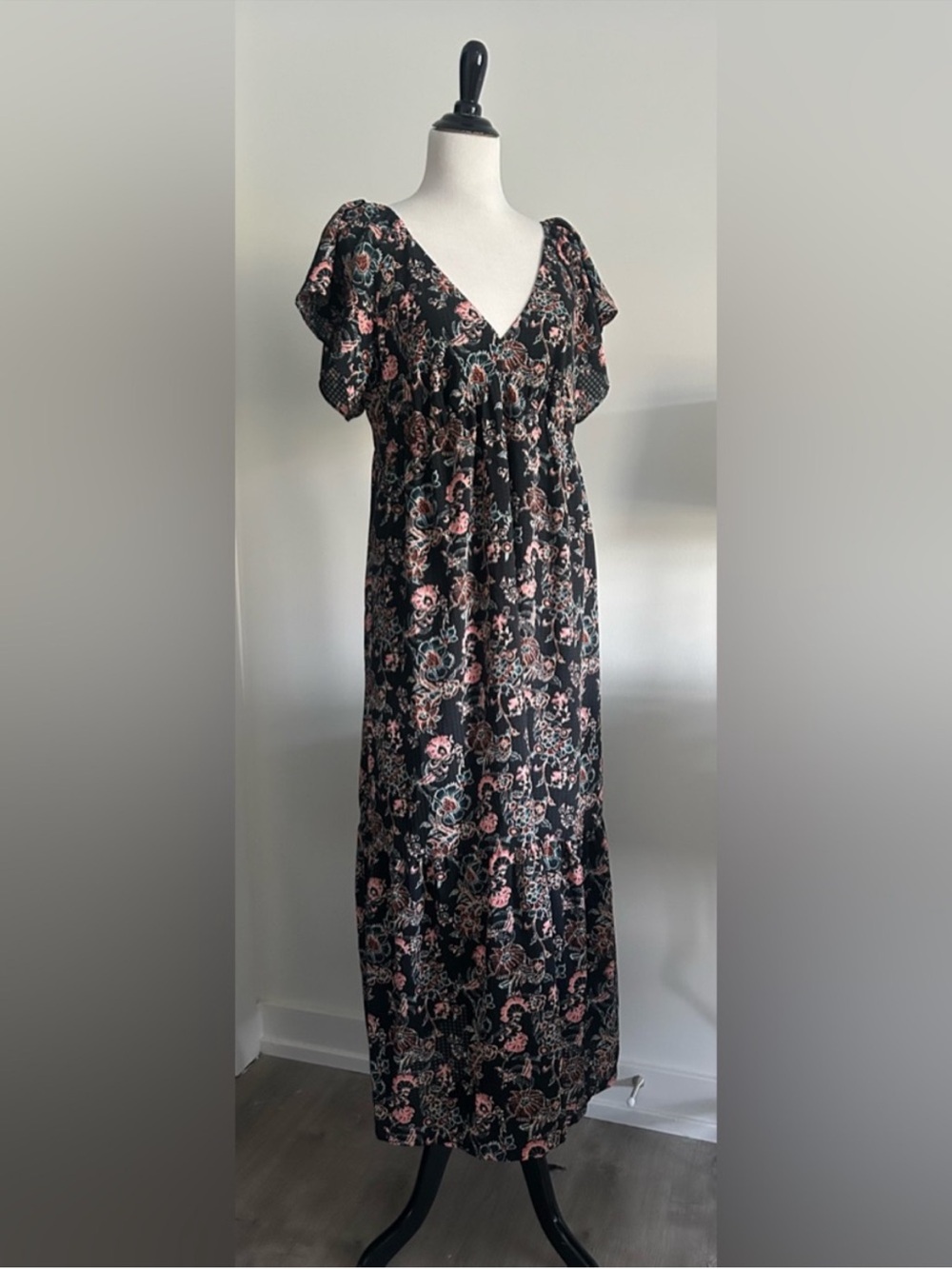 Universal Thread L Black Floral Smocked dress with Coral and Teal Accents